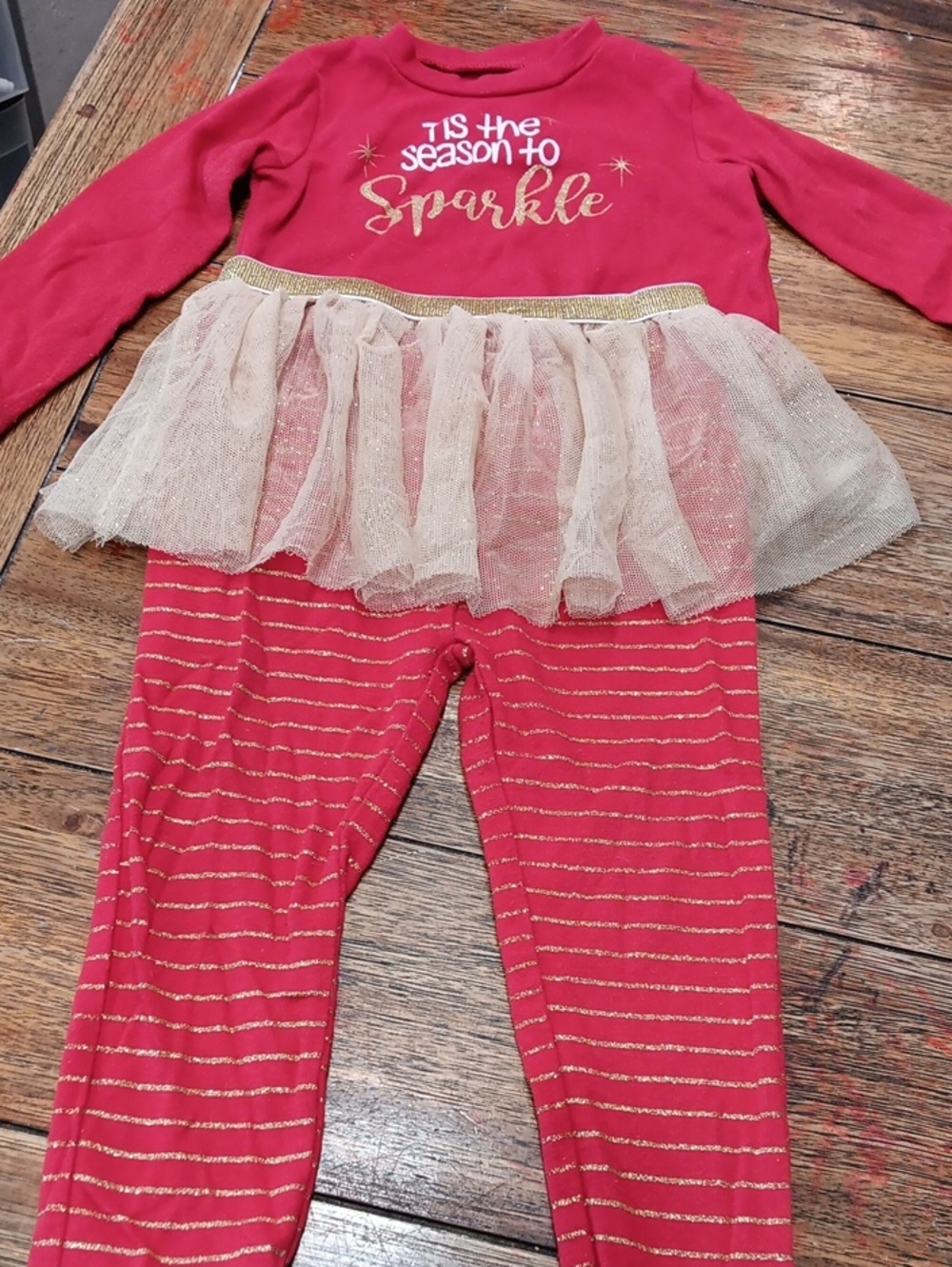 Baby Essentials Red and Gold Tulle Tutu Pants With Matching Shirt.